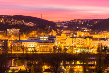 View to the night small district in big city Prague at blue hour, Czech Republic.