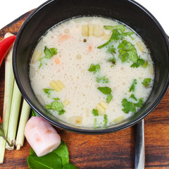 top view of thai soup Tom yam and ingredients