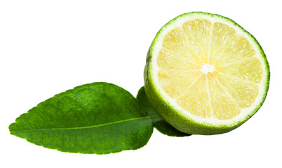 cut green kaffir lime fruit with leaf isolated