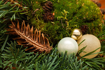 Christmas Decoration with Baubles and Spruce Cones