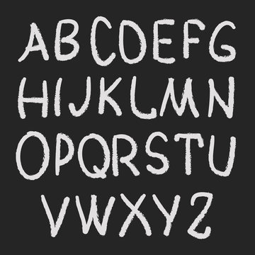 Chalk hand drawing sketch vector alphabet, white font on dark blackboard