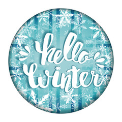 Hello winter text. Brush lettering Hello Winter. card design with custom calligraphy. Winter season cards, greetings for social media.