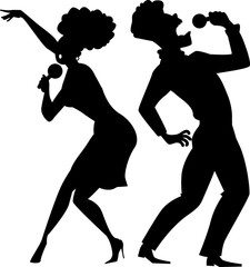 Black EPS 8 vector silhouette of a cartoon couple singing - obrazy, fototapety, plakaty