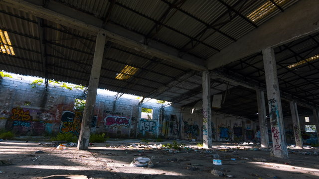 4K motion control pan abandoned derelict factory/warehouse interior timelapse