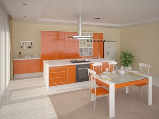 Modern kitchen with bright orange furniture.