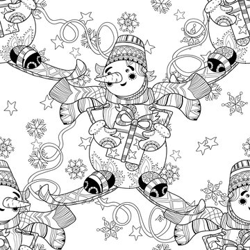Zentangle doodle hand drawn Christmas Snowman ski.