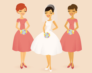 Retro-styled bride and two bridesmaids