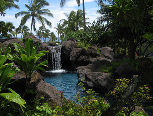 Tropical resort waterfall and lagoon © lynn k watson