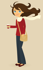 Young woman holding a cup of coffee on a windy day