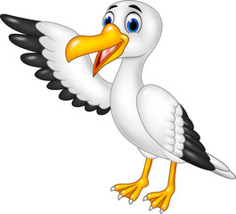 Naklejka premium Cartoon funny seagull presenting isolated on white background