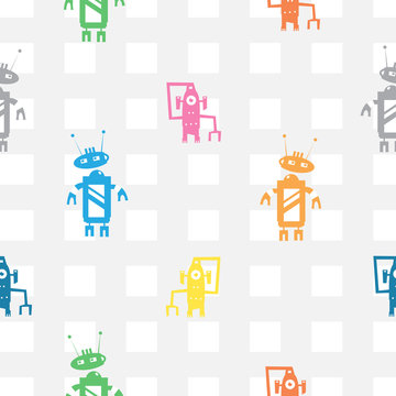 Vector seamless pattern with cartoon robots  on  checkered  background.