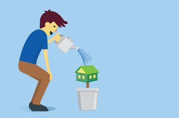 Man watering a house in flowerpot with water from watering pot. This illustration is concept about dreaming to have house of people.