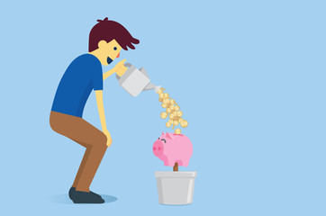 Man watering a piggy bank in flowerpot with money from watering pot. This is saving and financial planning for future.
