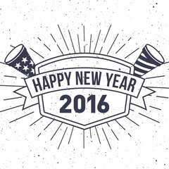 Hipster New Year 2016, Badge and Trumpet, Distressed Vector