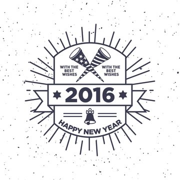 Hipster New Year 2016, Badge And Trumpet, Distressed Vector
