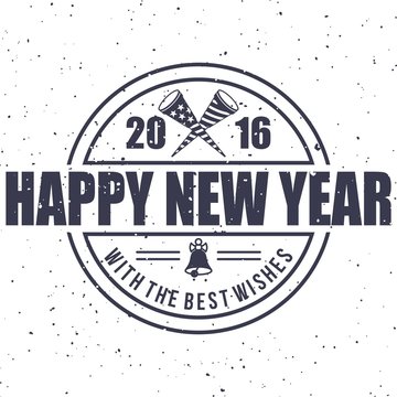 Hipster New Year 2016, Badge And Trumpet, Distressed Vector