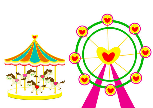 Carousel and Ferris wheel of love vector illustration on white Background
