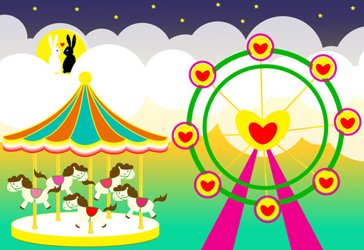 Amusement park wedding backdrop with carousel and ferris wheel and rabbits lover vector illustration