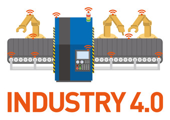 Factory automation and conveyor belt, Industry 4.0, Internet of Things, vector illustration