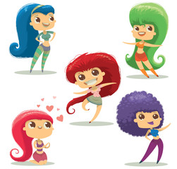 Vector cartoon image of five funny girls with long hairs of different colors: blue, green, red, pink and purple, in different clothes and different poses on a light background.