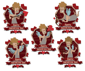 Vector cartoon image of five red emblems with paper Valentine angels in various poses on a white background.