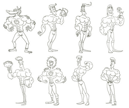 Vector Cartoon Macho men set, line art. Line cartoon image of a set of macho men in various poses on a white background.
