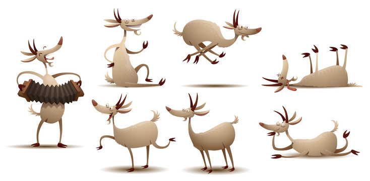 Vector Funny goats set. Cartoon image of seven funny white goats in various poses on a white background.