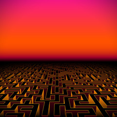 Retro gaming hipster neon landscape with labyrinth