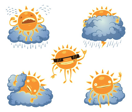 Vector Funny suns set. Cartoon image of five different yellow sun and light blue clouds on a white background.