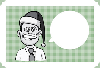 Merry Christmas greeting card with businessman angry elf