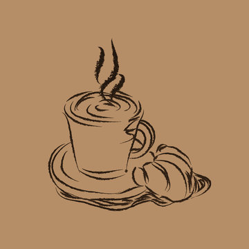 Cup of coffee  with the croissant - drawing on the beiege  background. Vector illustration