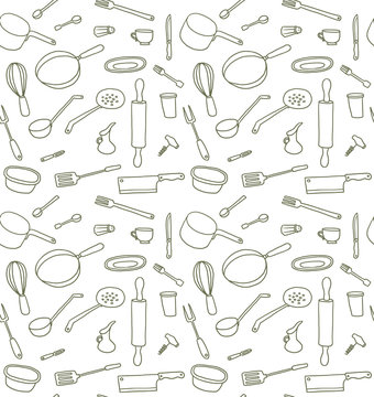 Vector Kitchen Utensils seamless pattern, line art. Line seamless image of different kitchenware and utensils on a white background.