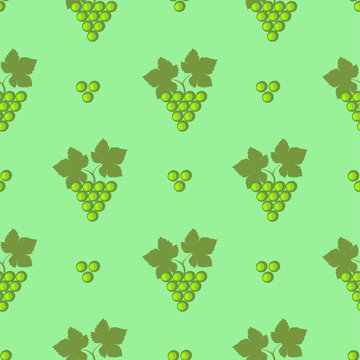 Seamless fruits vector pattern, bright symmetrical background with grapes and leaves, over green backdrop