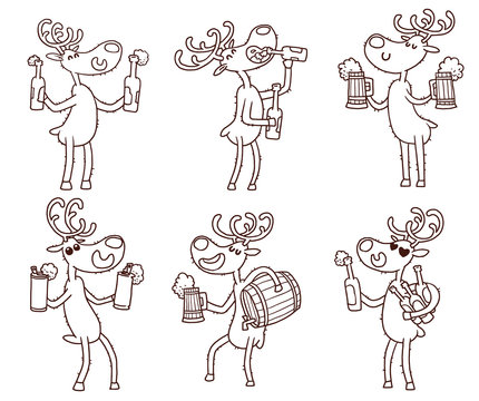 Vector Deers and beers set, line art. Line cartoon image of six funny deers with a beer in various poses on a white background.