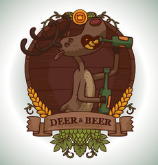 Vector image of round brown wooden emblem with banner, yellow ears, green hop cones and with cartoon image of a funny brown deer drinking beer from glass bottle on a light background.