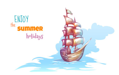 Obraz premium Vector illustration of sail ship with sea