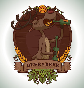 Vector image of round brown wooden emblem with banner, yellow ears, green hop cones and with cartoon image of a funny brown deer drinking beer from glass bottle on a light background.