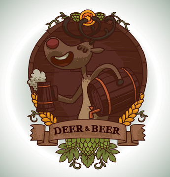 Vector image of round brown wooden emblem with banner, yellow ears, green hop cones and with cartoon image of a funny brown deer with barrel of beer on a light background.