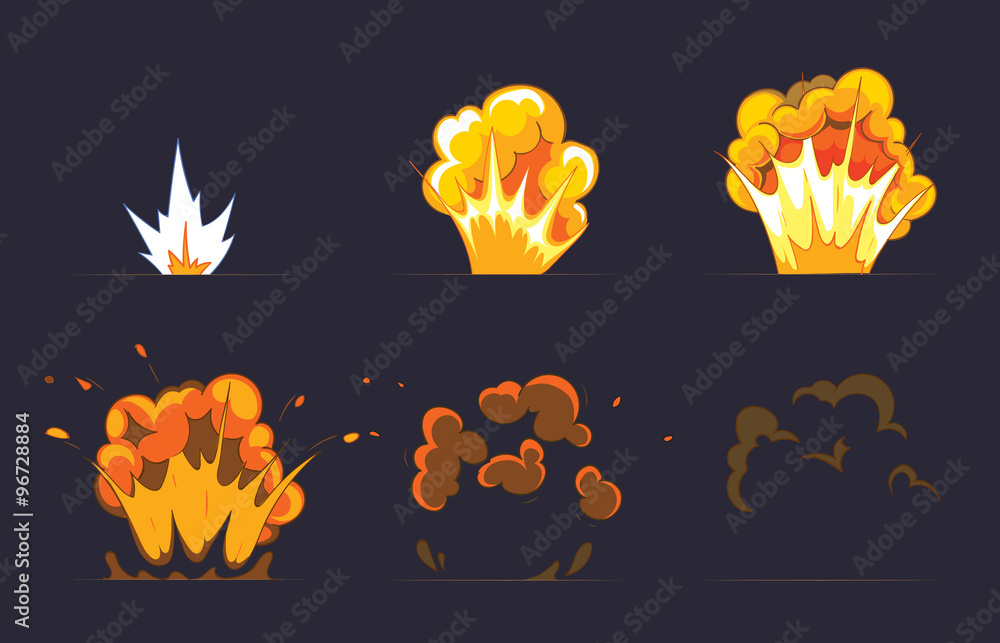 Wall mural cartoon explosion effect with smoke. vector animation frames for game