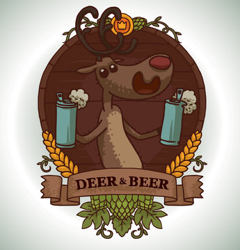 Vector image of round brown wooden emblem with banner, yellow ears, green hop cones and with cartoon image of a funny brown deer with two aluminum cans of beer on a light background.