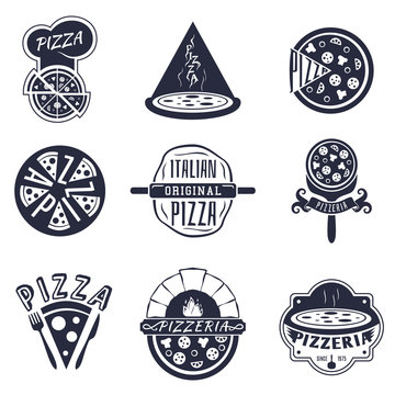Vintage pizzeria labels, logos and emblems vector set