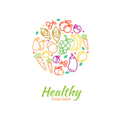 Healthy food store logo with fruit and vegetable icons