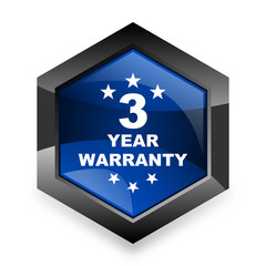 warranty guarantee 3 year blue hexagon 3d modern design icon on white background