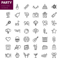 Holidays, party and birthday line vector icons set