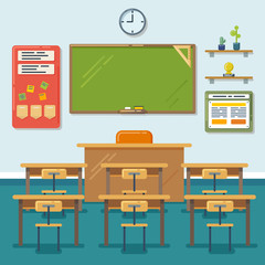 School classroom with chalkboard and desks. Vector flat illustration