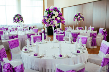 Table set for wedding or another catered event dinner. 