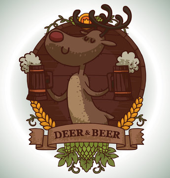 Vector image of round brown wooden emblem with banner, yellow ears, green hop cones and with cartoon image of a funny brown deer with two mugs of beer on a light background.