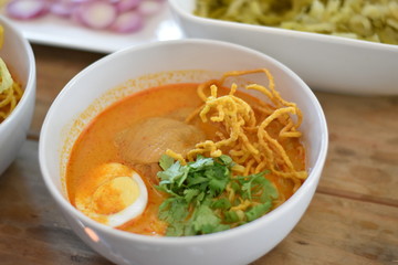 Khao soi, Northern Thai style curried noodle soup with chicken, Thai Food - Halal