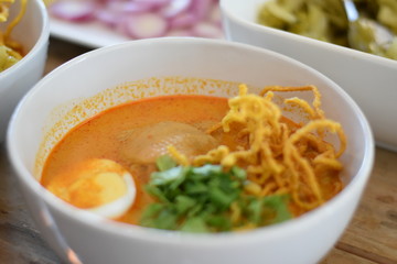 Khao soi, Northern Thai style curried noodle soup with chicken, Thai Food - Halal