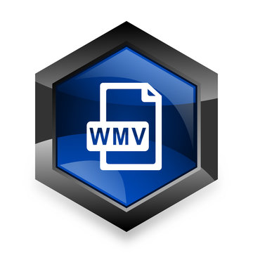 wmv file blue hexagon 3d modern design icon on white background